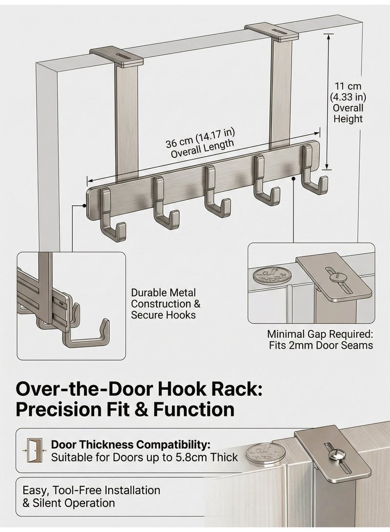 MS MIN Adjustable Over Door Hook Rack, Heavy Duty 5-Hook Door Hanger, Non-Slip Door Hook Organizer for Coats, Bags & Towels, No Drilling, Dark Grey - Image 2